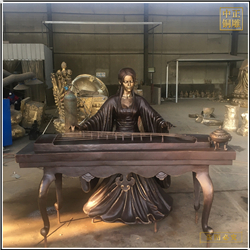 鑄銅關公 彈古箏人物銅雕塑廠家