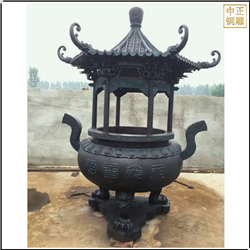 鑄銅關公 圓形帶蓋銅香爐